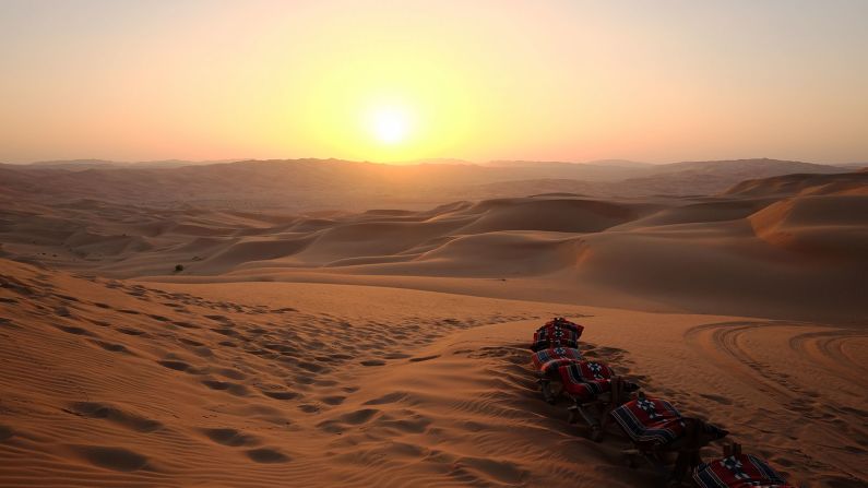 Sunset tea party: Both the dune-bashing and camel trek excursions end with a dune-top tea party as the evening sun melts behind the dusty horizon.